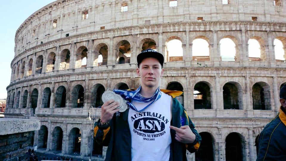 ​
PROMISING TALENT: Scone's Lochie Eadie in Italy with his medals from the World Pankration Championships.