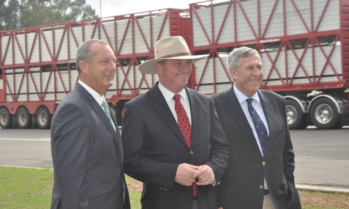 PLEASED: Upper Hunter MP Michael Johnsen with Deputy Prime Minister Barnaby Joyce and NSW Minister for Roads and Freight Duncan Gay in Elizabeth Park, Scone, on Monday morning.