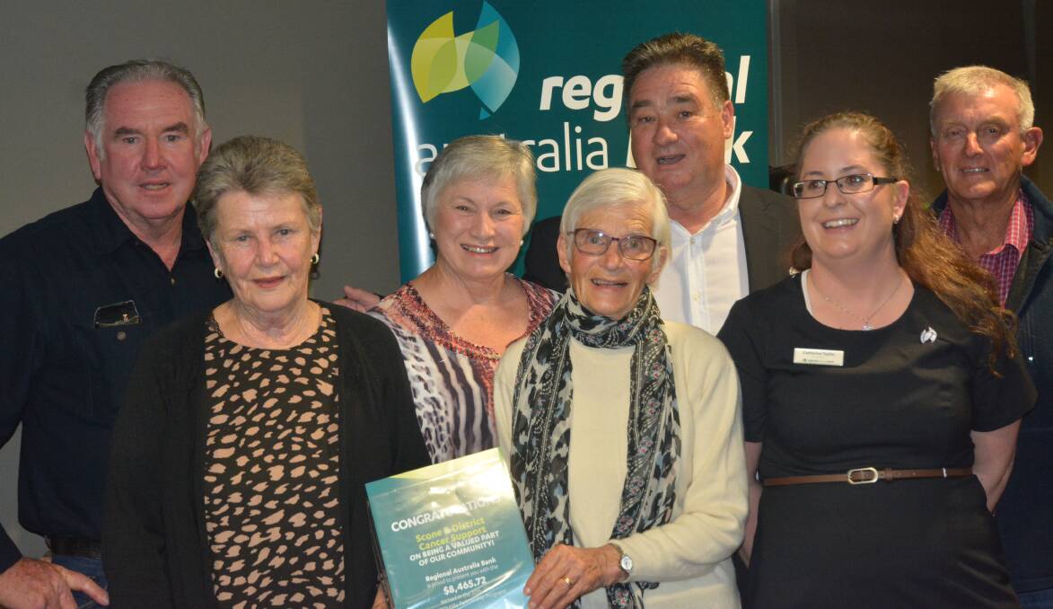 DESERVING: Scone and District Cancer Support Group received more than $8000 at the presentation. From left to right: Bruce Day, Sally Deegan, Liz Foote, Gail Allen, Peter Allen, Catherine Taylor and Kevin Dupe.