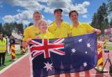 Team Australia celebrate winning the teams competition at the 2024 Wife Carrying World Championships in Finland. Pictured Elliot Earnshaw and Adelaide Taylor and (right) Angus McDonald.
