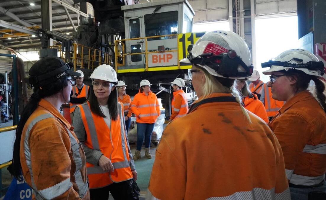 Minister for Natural Resources Courtney Houssos talking to BHP's Mt Arthur workers at Muswellbrook on Tuesday. Picture supplied