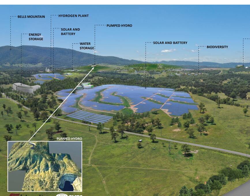 Idemitsu's masterplan for the former Muswellbrook Coal site. The project will feature pumped hydro, solar, hydrogen and a training and industrial precinct.
Left, The view from Bells Mountain into the void. The void is the centrepiece of a 250MW pumped hydro project. 