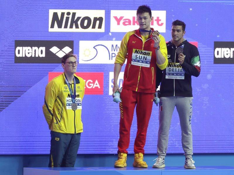 Mack Horton refuses to share the podium in 2019 with Sun Yang, who has now served his doping ban. (AP PHOTO)
