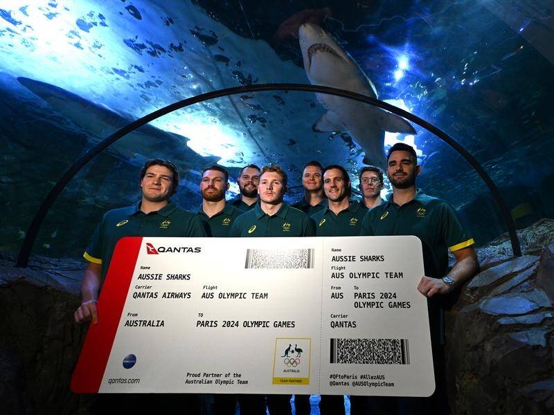 Australia's men's water polo team, the Sharks, will be circling for gold at the Paris Olympics. (Dean Lewins/AAP PHOTOS)