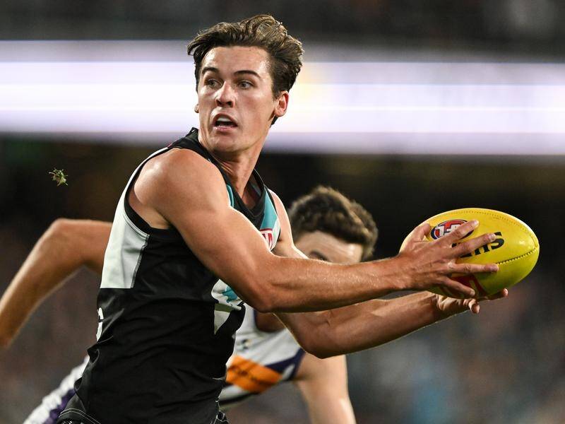 Port Adelaide skipper Connor Rozee remains in doubt for the clash with the Blues. (Michael Errey/AAP PHOTOS)