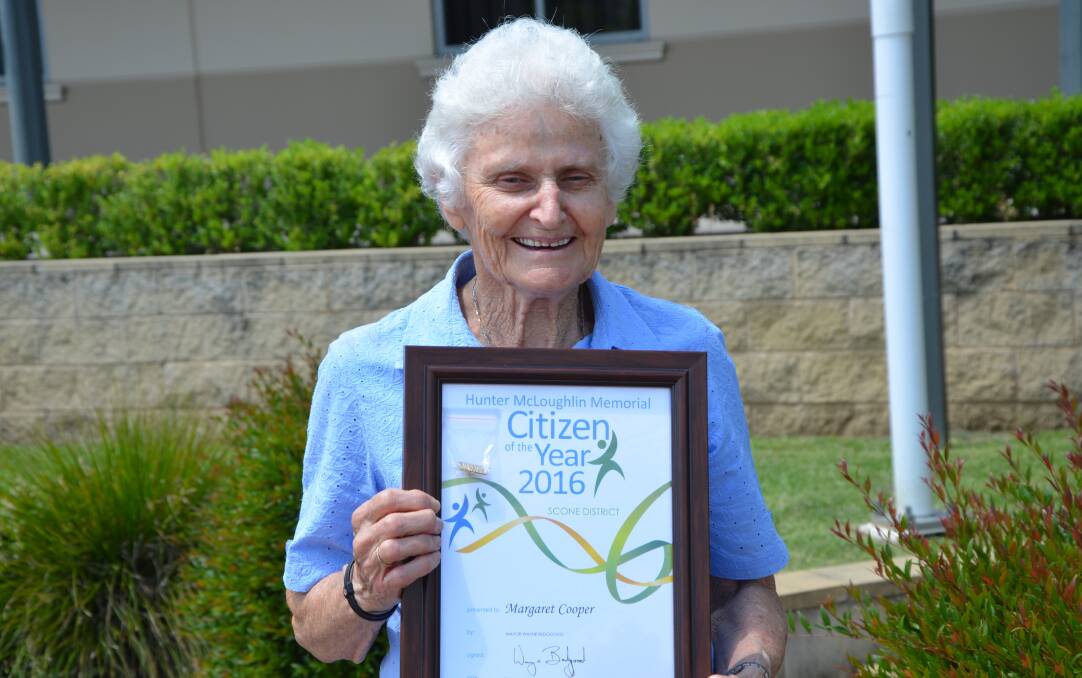 EXCITED: The Hunter McLoughlin Memorial Citizen winner Margaret Cooper with her award outside Council Chambers on Australia Day.